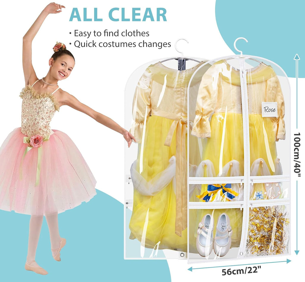 SLEEPING LAMB 6 Packs Clear Garment Bags for Dancers With 4 Pockets, 40" Kids Costume Bag for Travel and Dance Competition, Hanging Clothes Storage for Dress, Uniform, White
