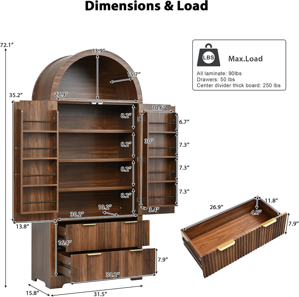 Polibi 72" Tall Arched Kitchen Pantry Cabinet with 2 Drawers & 8 Adj...