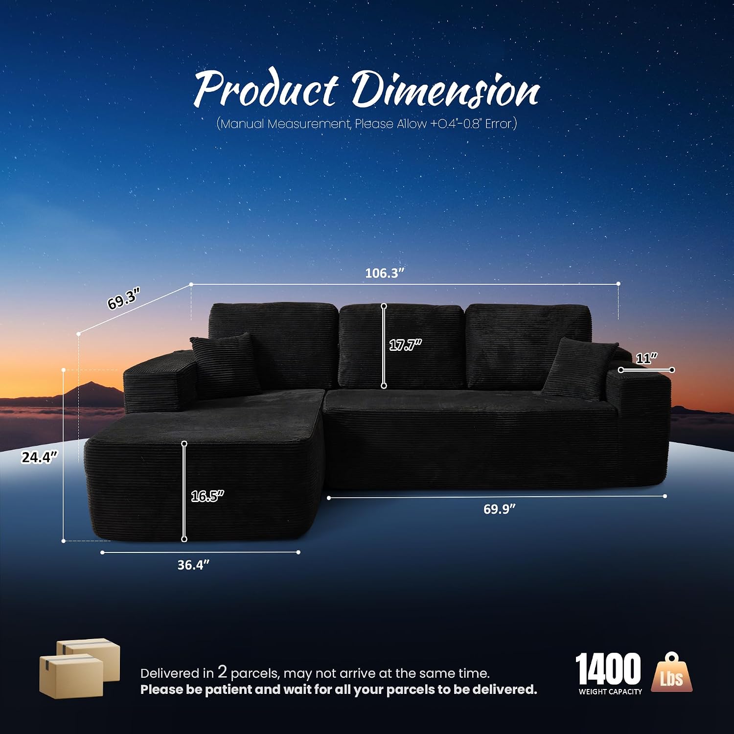ovios 104" Cloud Boneless Couch with Glitter Fabric, Moudular Sectional Sofa with Deep Seat, No Assembly Required, Modern Minimalist L Shaped Couches with Chaise for Living Room, Black