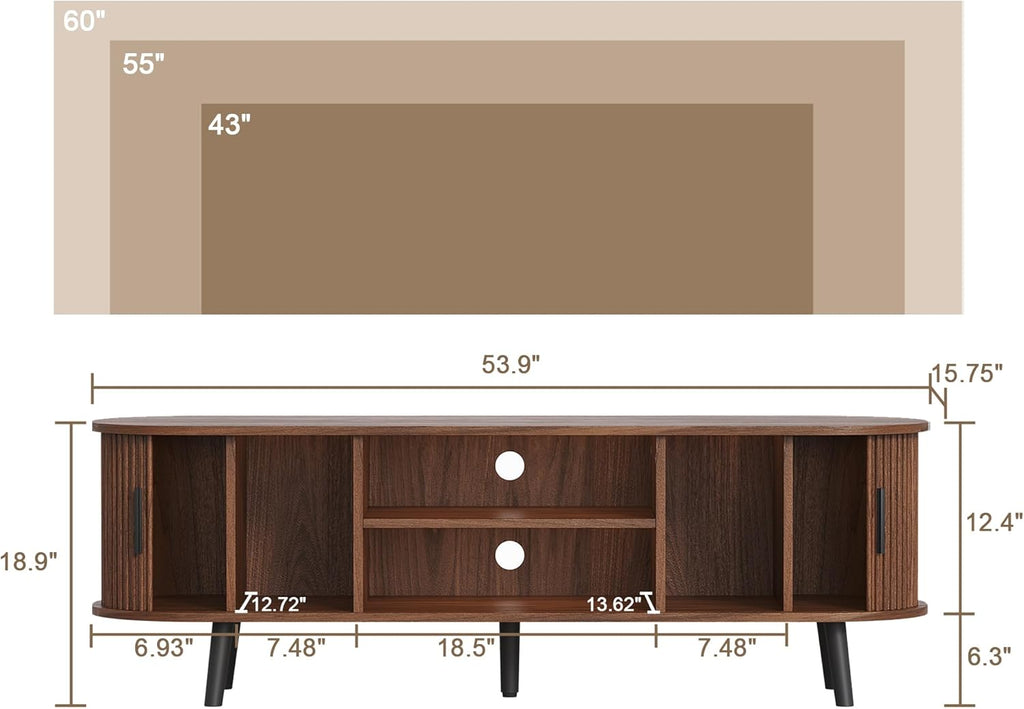ChooChoo 54" Mid Century Modern TV Stand with Fluted Sliding Doors | Entertainment Center with Hidden Storage and Adjustable Shelf, TV Console for Living Room, Bedroom, Walnut