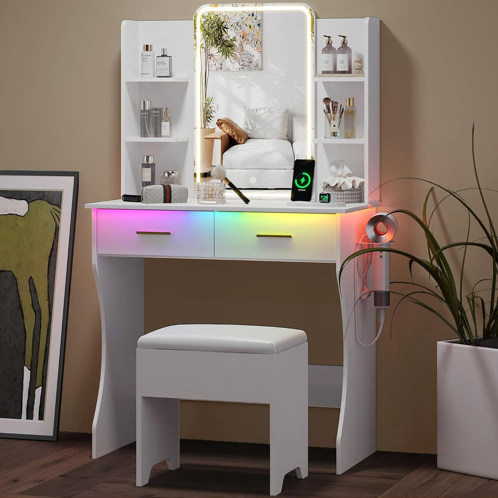 Small Vanity Desk with Mirror and Lights, Makeup Vanity with LED Lights, Whit...