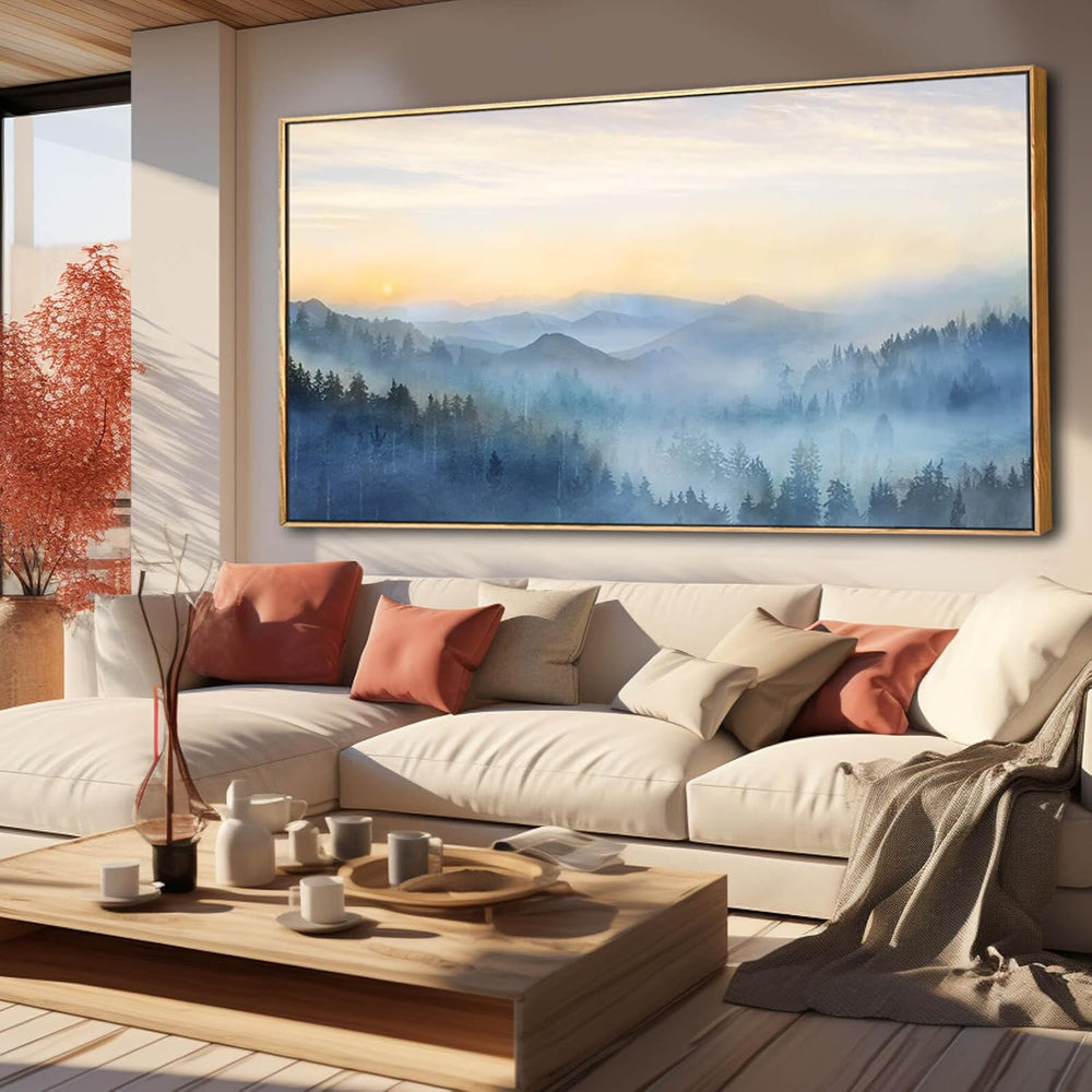 Home Decor Mountain Wall Art Blue Large Framed Artwork for Living Room Bedroo...