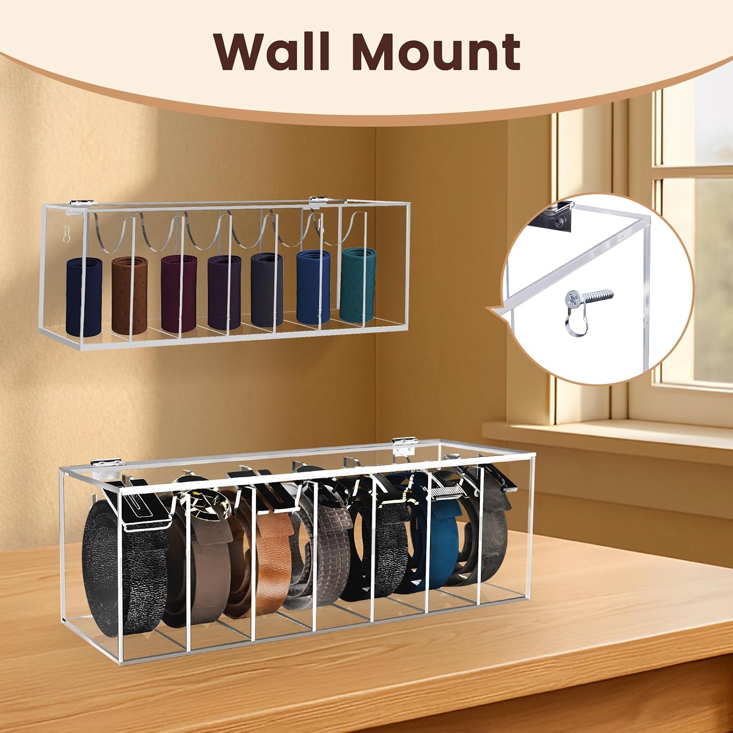 Acrylic Belt Organizer with Flap Dust Cover – 7-Compartment Clear Storage Case for Belts, Ties & Bow Ties | Closet & Drawer Display Holder for Men & Women