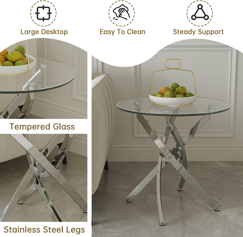 Round Glass Coffee Table Set with 1 Coffee & 1 End Table, Modern Living R...