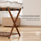 Fully Assembled Luggage Rack Set of 2 for Guest Room, Bamboo Suitcase Stand with Foldable Storage Shelf, Crossed Nylon Straps Folding Luggage Holder for Bedroom and Hotel, Walnut