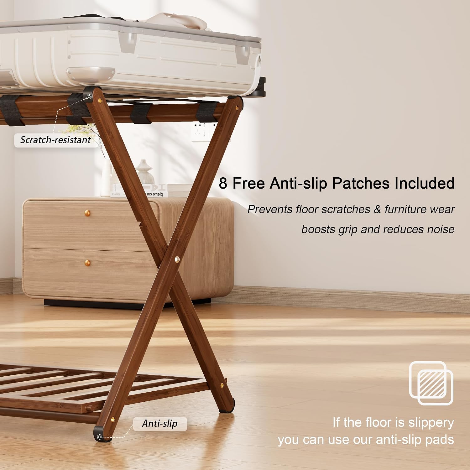 Fully Assembled Luggage Rack Set of 2 for Guest Room, Bamboo Suitcase Stand with Foldable Storage Shelf, Crossed Nylon Straps Folding Luggage Holder for Bedroom and Hotel, Walnut