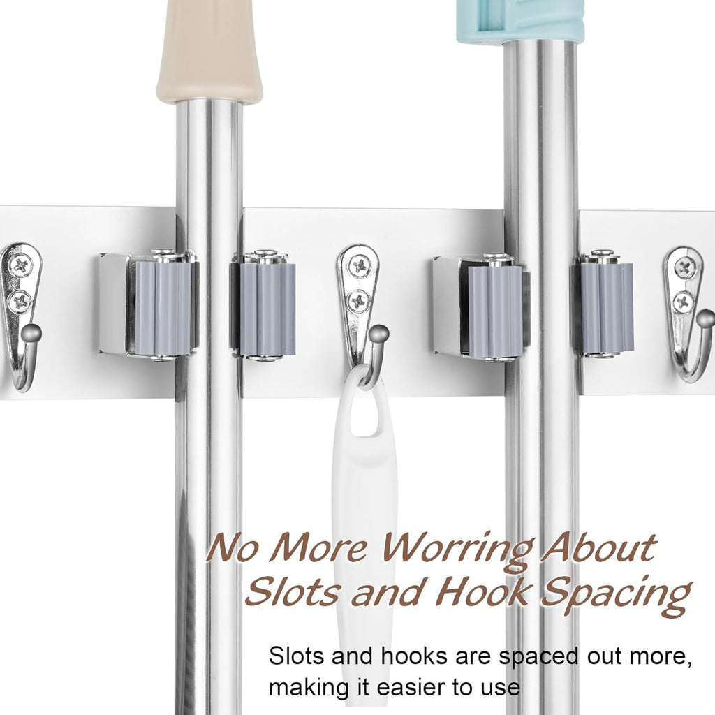 Mop and Broom Holder Wall Mount - White Broom Mop Hanger - Wall Mounted Garden Tool Rack Organizer for Closet Garage Laundry Room Kitchen Decor With 5 Slots & 4 Hooks