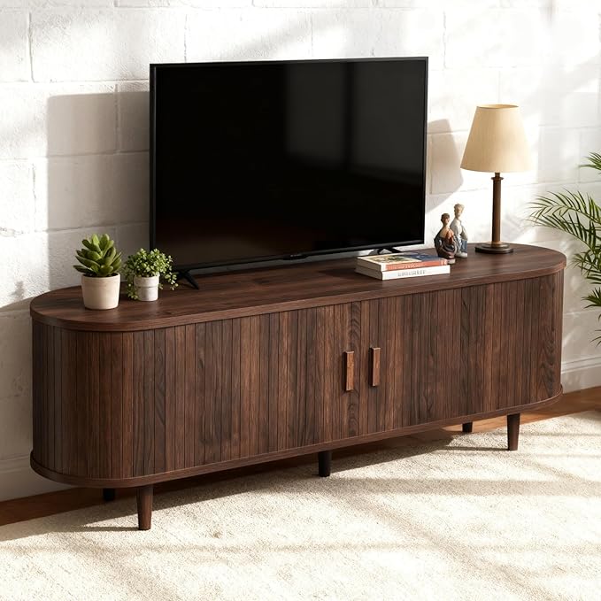 58" Mid Century Modern TV Stand, Wood TV Consoles with Sliding Doors and Power Outlet, Entertainment Center with Adjustable Shelves, Fluted TV Stands for Living Room, Walnut