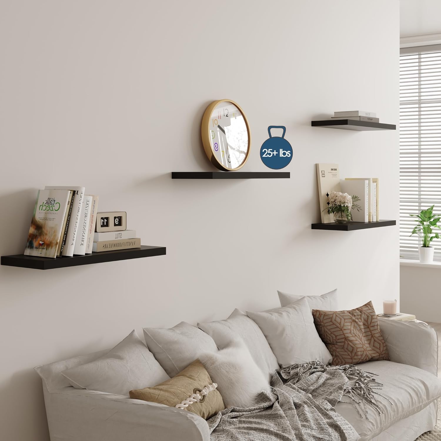 Wall Shelf Set of 3, Black Floating Shelves 24 in W x 10 in D x 1 in H, Wooden Floating Wall Shelf with Invisible Brackets for Living Room/Bedroom/Bathroom/Kitchen Storage and Decor