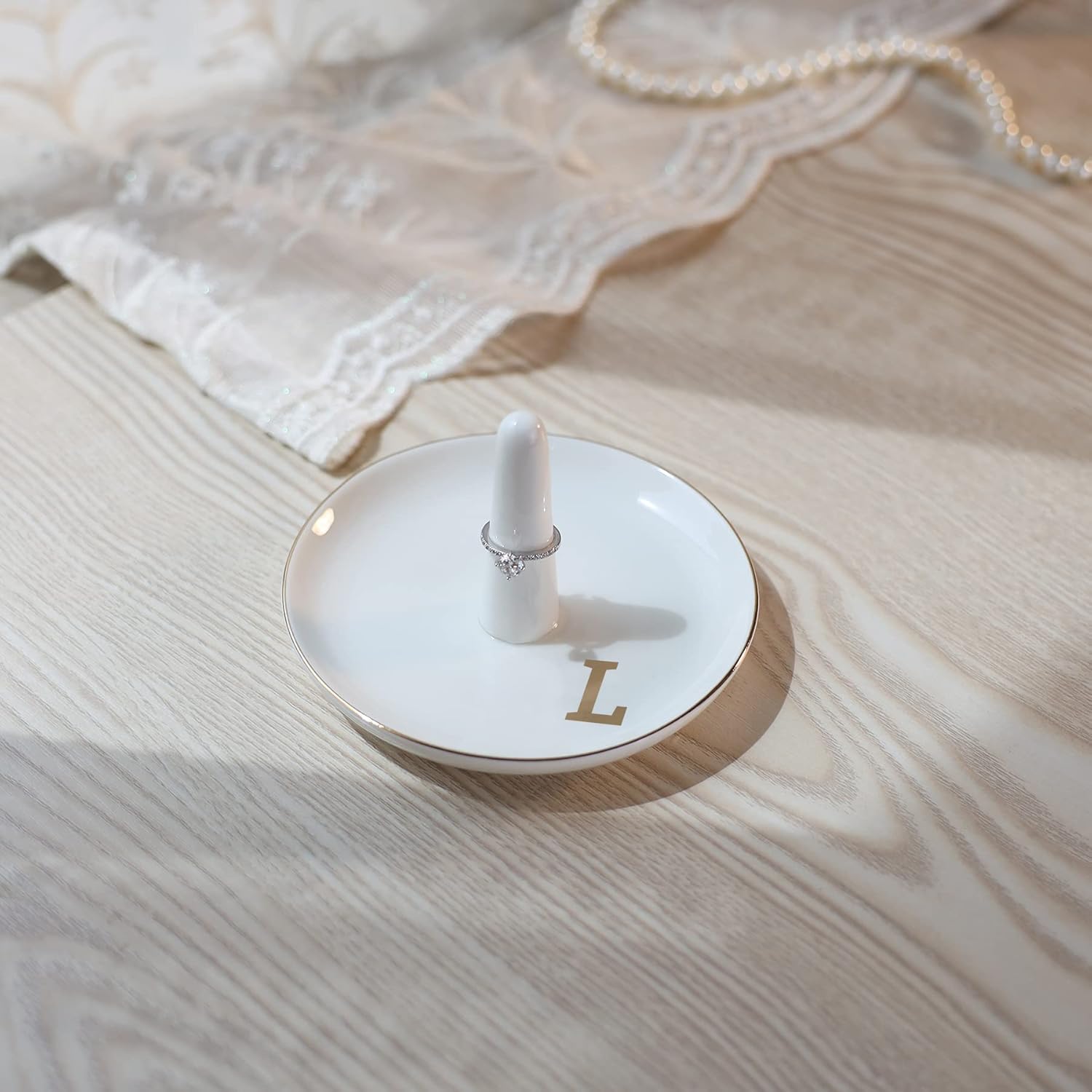 HOME SMILE Initials Ring Holder Jewery Tray with personalized L-Monogrammed Engagement Gifts for Friends,Birthday Mother's Day Christmas Gifts for Women,Ceramic White