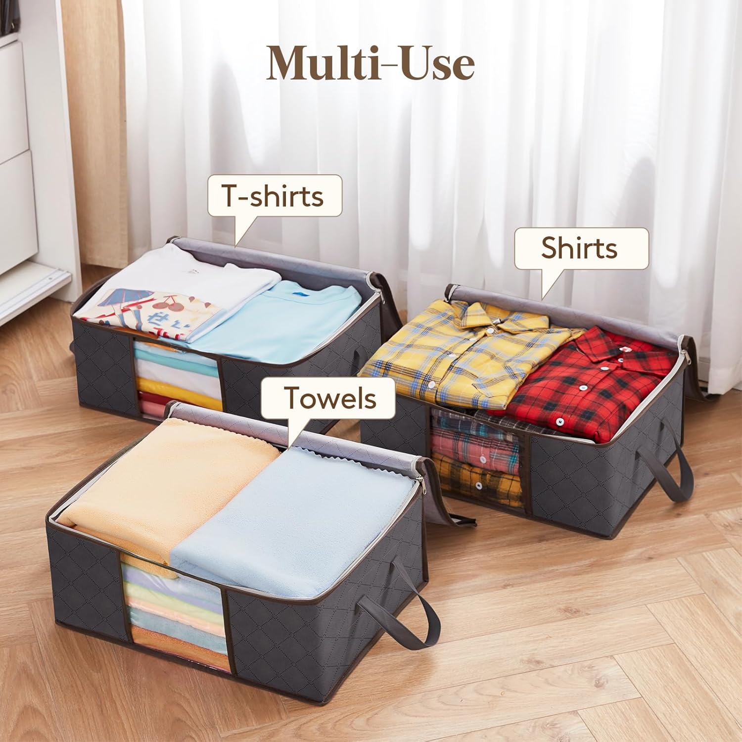 Lifewit 8 Pack Clothes Storage Bag, Foldable Storage Bin Closet Organizer with Reinforced Handle, Sturdy Fabric Blanket Storage with Clear Window, Storage Containers for Clothing, Bedding, Gray