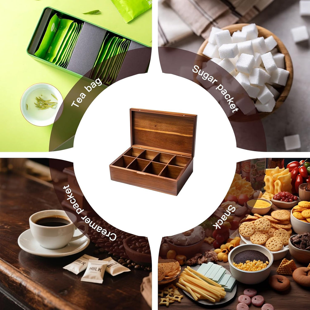Acacia Wooden Tea Bag Organizer with Magnetic Lid, 8 Compartments Wooden Tea Box Organizer,Tea Bags Storage Organizer for Tea Bags & Beverage Supplies.