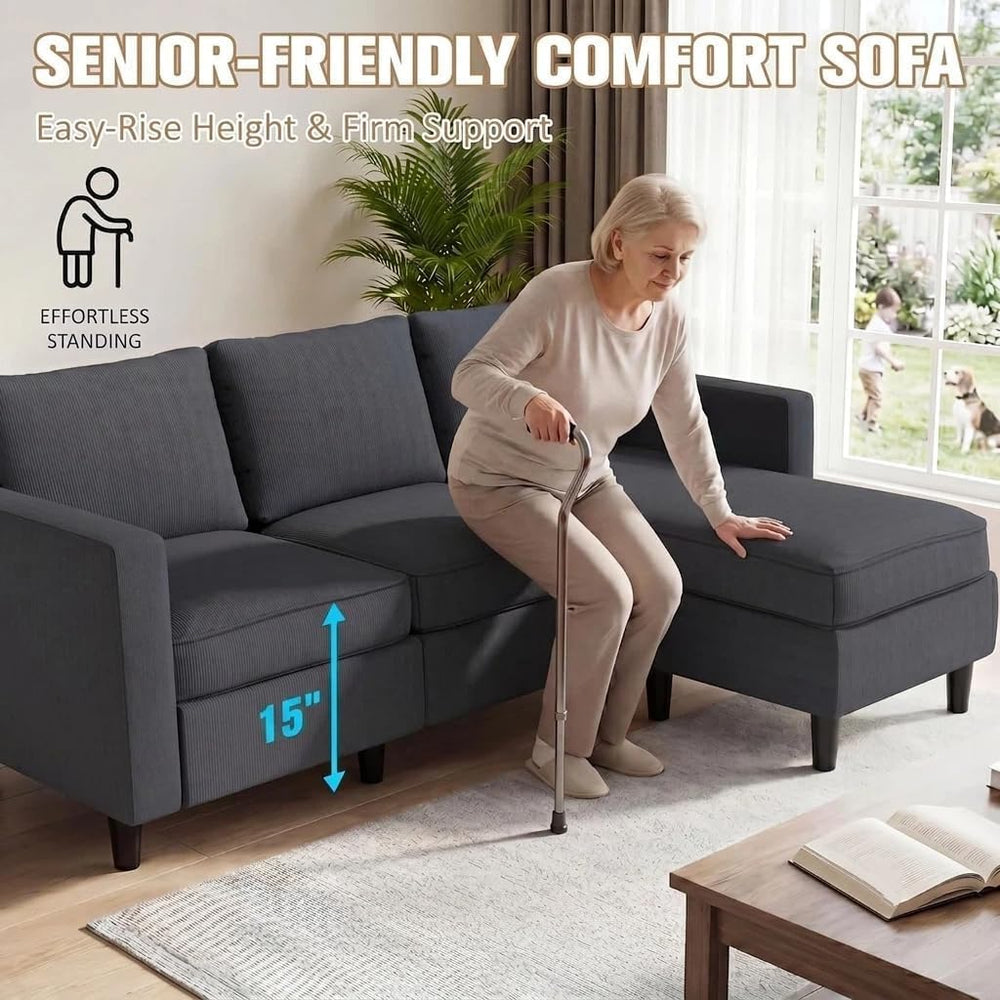 JAMFLY 3-Seat Reversible Sectional Sofa with Ottoman, Small Couch, Grey