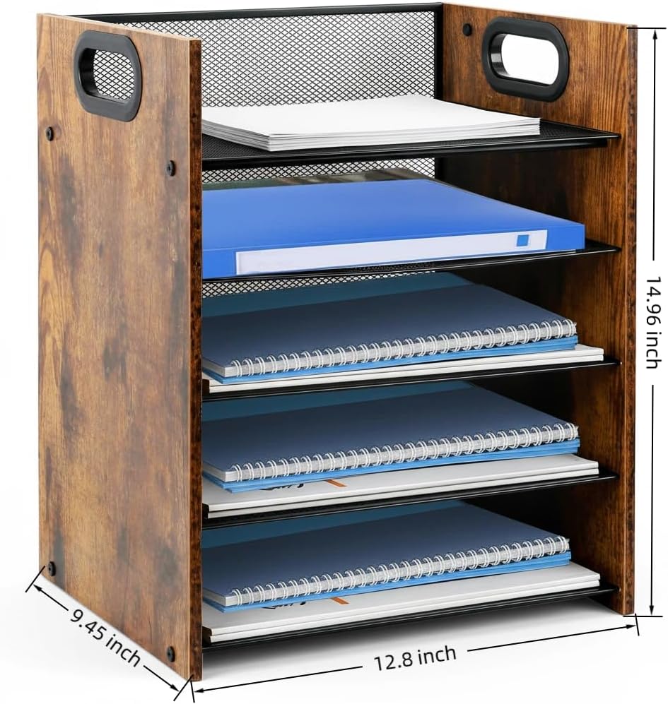 Wood Desk Organizer - 5-Tier Desktop File Organizer, Wooden Paper Tray, Office Desk Organzier and Accessories for Papers, Mail, Notebooks, Stationery