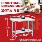 DuraSteel NSF Commercial Kitchen Table - 24 x 48 Inch Cooking Prep Stainless Steel Kitchen Island Workstation w/ Adjustable Under Shelf - Heavy Metal Backsplash Workbench For Restaurant, Home, Garage