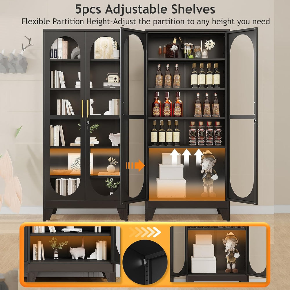 PAOFIN 75" H Locking Display Cabinet with Glass Door, Metal Curio Cabine...