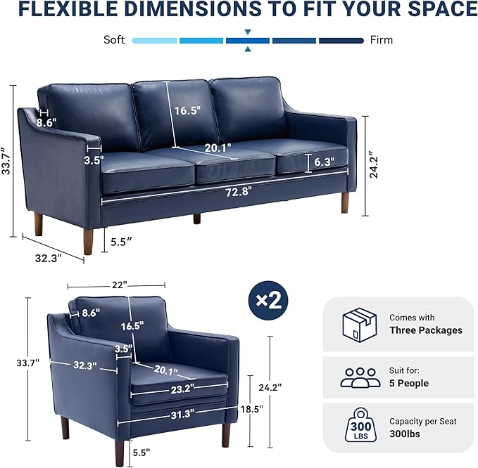 Kingfun Living Room Furniture Sets, 3 Seater Couch and Loveseat, Mid Century Modern Sofa Set, Faux Leather Couch with Solid Wood Frame for Living Room & Bedroom, Blue