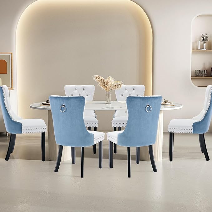 Leather Upholstered Dining Chairs Set of 6, Modern Style Kitchen Side Chairs with Nailhead Trim and Wood Leg, Metal Pulling Ring for Dining Room Living Room(White&Blue,Set of 6)