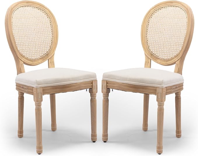 Rattan Back Upholstered Dining Chairs Set of 2 French Country Oval Kitchen Side Chairs with Wood Legs for Dining Room, Kitchen, Restaurant(Beige-Rattan)
