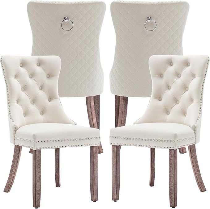 Velvet Dining Chairs Set of 4, Upholstered Dining Room Chairs with Nailhead Trim, Sillas de Comedor Modernas 4, Wooden Kitchen Chairs for Dining Room, Living Room, Kitchen, Bedroom, Beige