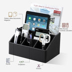 Remote Control Holder with 5 Compartments for Office Art Supplies, PU Leather Nightstand Organizer Pencil Pen Desk Caddy for Home, Desktop TV Remote Control Organizer Storage (Black)