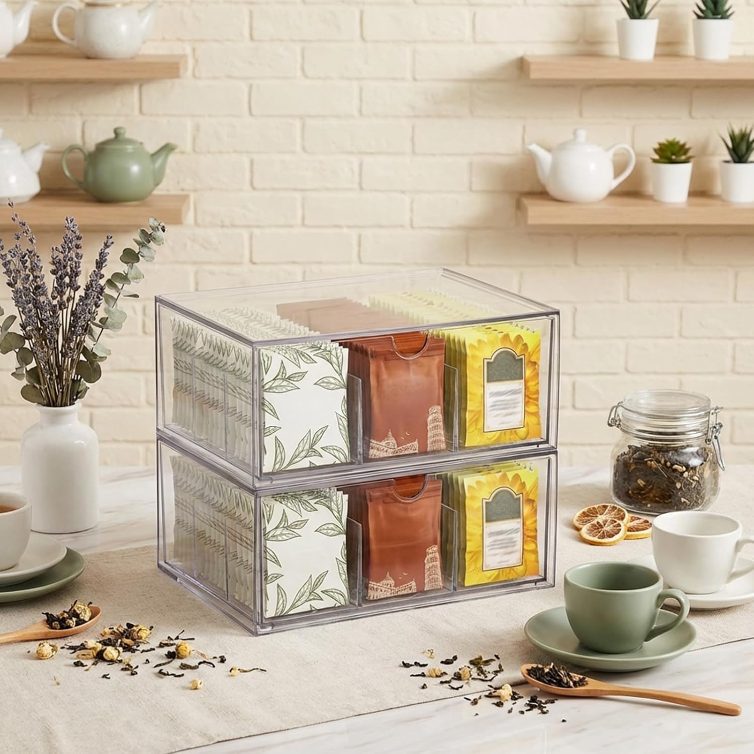 2 Pack Acrylic Tea Bag Organizer, 9 Grids Clear Tea Bag Holder, Stackable Teabag Holder Organizer, Clear Acrylic Teabag Drawer Holders for Countertop, Cabinet, Kitchen, Counter