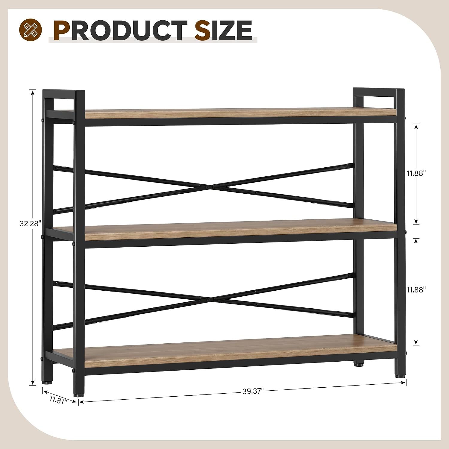 3 Tier Bookshelf 39.37" Width, Dorm Desk Hutch, Desk Shelf, Long Industrial Bookcase, Wooden Large Book Shelf for School Home Living Room Bedroom Office Storage(Light Coffee)