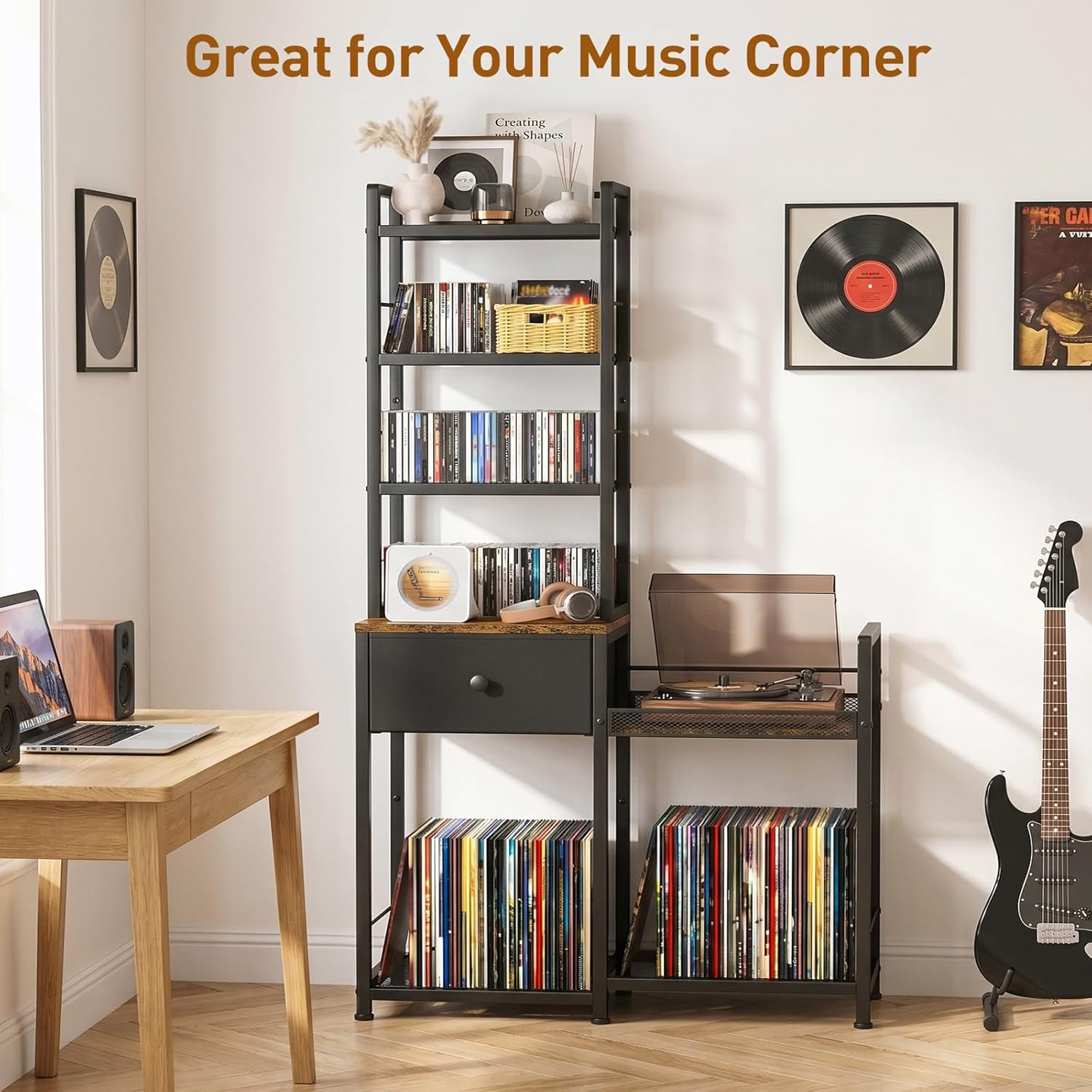 ikkle CD Rack with Drawer, 7-Tier DVD Organizer Shelf with Vinyl Storage | Media Storage Rack for CDs/DVDs, Vinyl Records, Books & Games, Ideal for Living Room & Home Office, 32.1x11.8x57.2 in, Brown