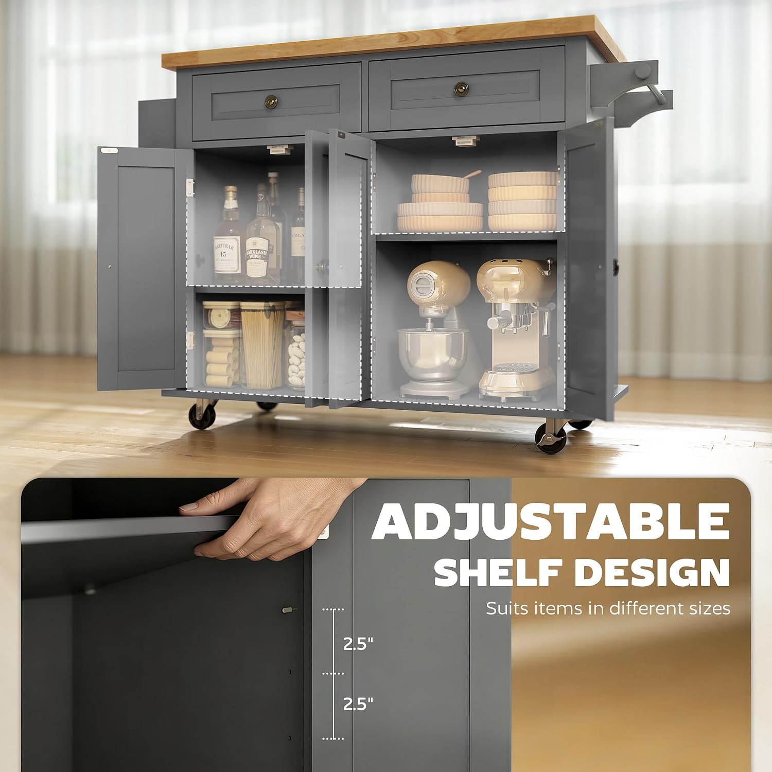 HOMCOM Kitchen Island Cart with Solid Wood Top 44" Mobile Gray | Kitchen Island Table, on Wheels, Storage Cabinets, 2 Drawers, Adjustable Shelves, Spice Rack & Towel Bar, for Dining Room