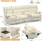 Recliner Sofa with Storage Console, Flip Middle Backrest Design PU Leather 3 Seat Reclining Sofa with Storage Drawer, Manual Couch for Living Room (Ivory, 3 Seater + Console)