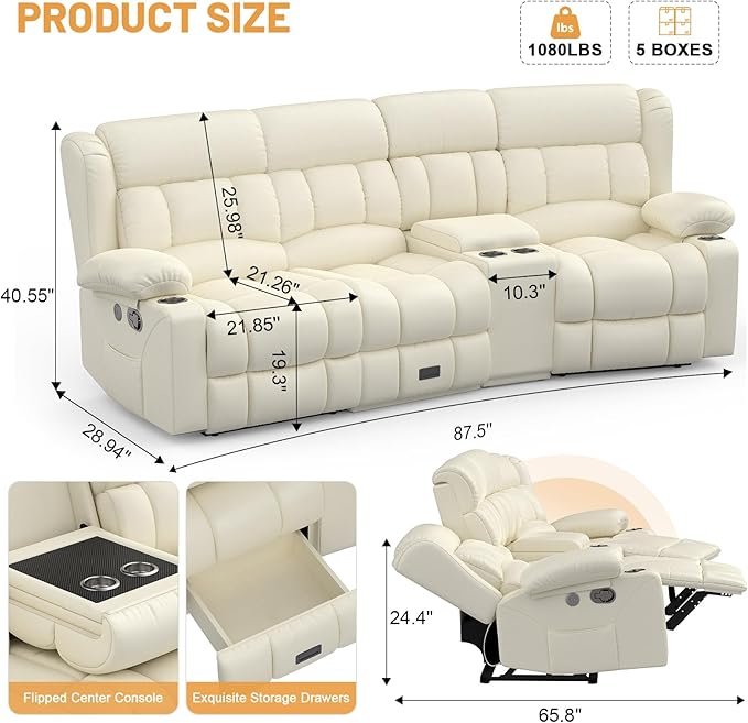 Recliner Sofa with Storage Console, Flip Middle Backrest Design PU Leather 3 Seat Reclining Sofa with Storage Drawer, Manual Couch for Living Room (Ivory, 3 Seater + Console)