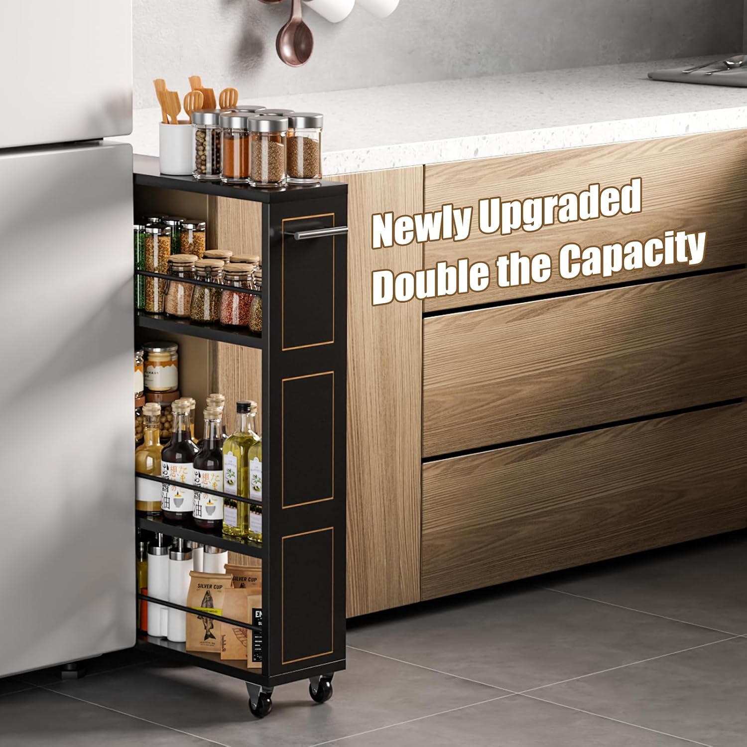 KLM 4 Tier Black Slim Storage Cart with Handle, Slide Out Storage Rolling Utility Cart for Kitchen, Laundry, Narrow Places-6.7" W