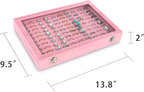 Frebeauty Ring Organizer Tray 100 Slots Ring Holder with Clear Lid Velvet Storage Box Jewelry Tray for Jewelry Store Earring Display Case for Jewelry Show Studs Box for Women(Pink)