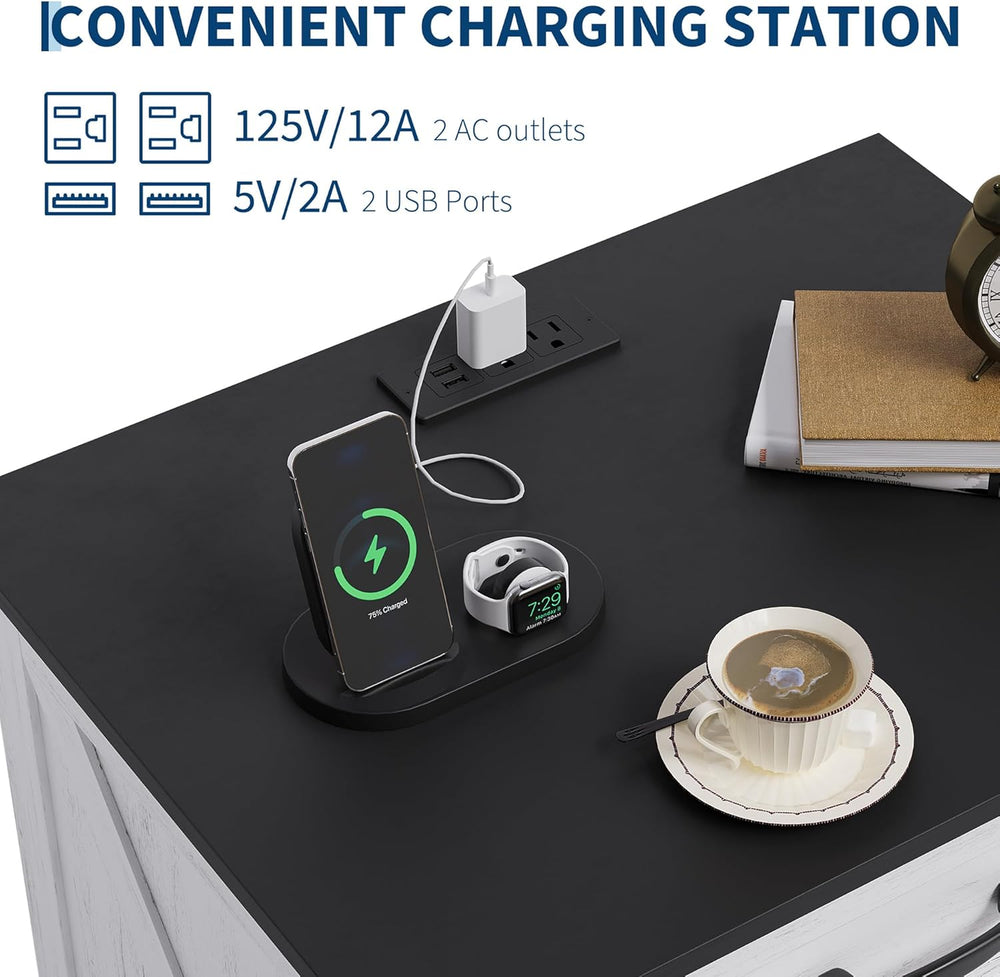 Garvee Modern Farmhouse Nightstand with Charging Station & 3 Large Drawer...