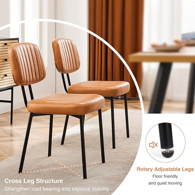 Sweetcrispy Dining Chairs Set of 2, Upholstered Mid Century Modern Kitchen Accent Chairs with Faux Leather Cushion Seat & Metal Legs for Home Office, Living Room - Brown