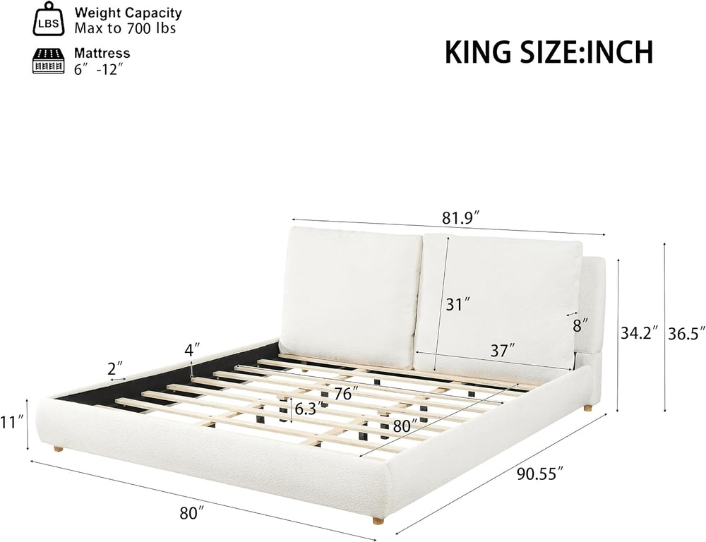 Merax King Boucle Platform Bed with 2 Removable Headboard Pillows, White