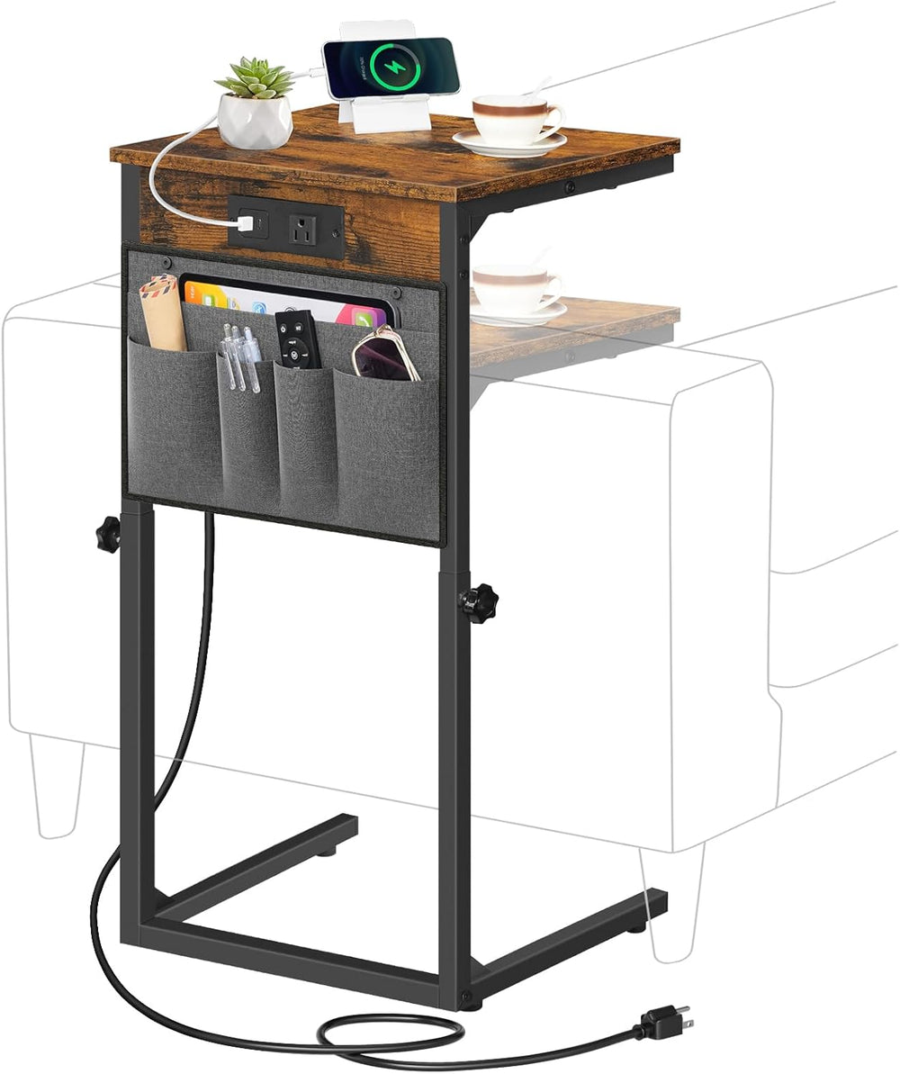 HOOBRO C Shaped End Table with Charging Station, 30” Adjustable Height Sofa S...