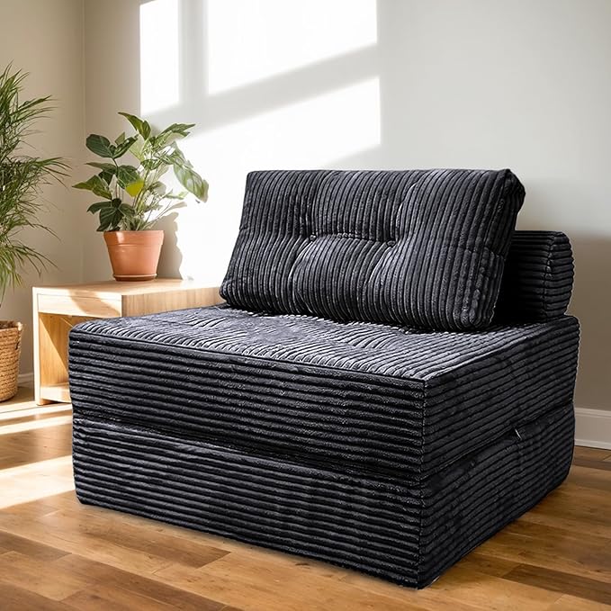 Comfy Foldable Sleeper Chair with Pillow, Supportive Memory Foam, Plush Corduroy Fabric, Cozy Floor Couch, Versatile Convertible Mattress for Bedroom/Living Room/Guest/Office, Dark Grey
