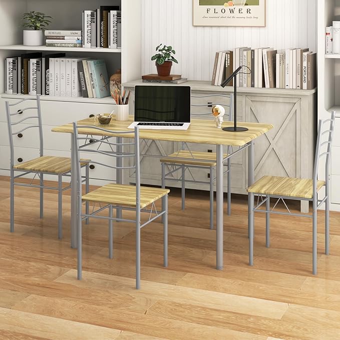 Giantex 47-inches Dining Table Set for 4, Rectangular Kitchen Table with 4 Dining Chairs, Metal Frame, 5-Piece Space-Saving Dinette Set for Small Space, Dinner, Breakfast Nook, Apartment, Natural