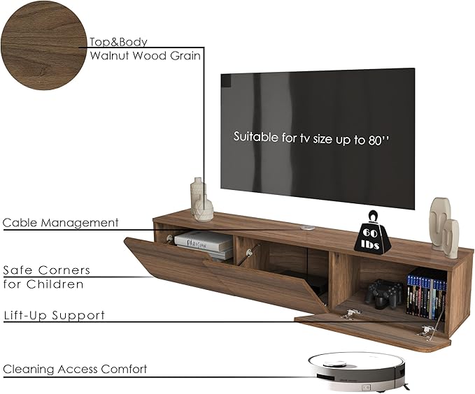 Atelier Mobili Floating TV Stand for 75 Inch TV, Wall Mounted Entertainment Center, Modern Media Console, Mid Century Modern TV Stand, Floating TV Stand 65 Inch