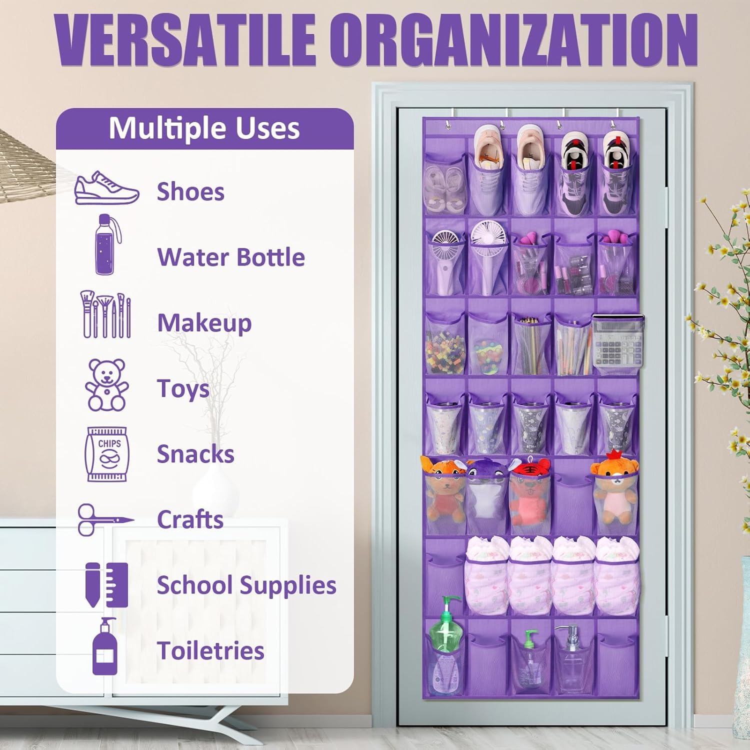 Tiblue Over The Door Shoe Organizer - 35 Mesh Pockets, Hanging Shoe Rack & Holder For Sneakers, Women's High Heels, Lavender
