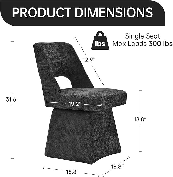 VKNOW Upholstered Swivel Dining Chairs, Modern Dining Room Chairs with Open Back, Chenille Fabric Kitchen Chairs for Dining Room, Living Room, Bedroom, Vanity, Black(1 Pack)