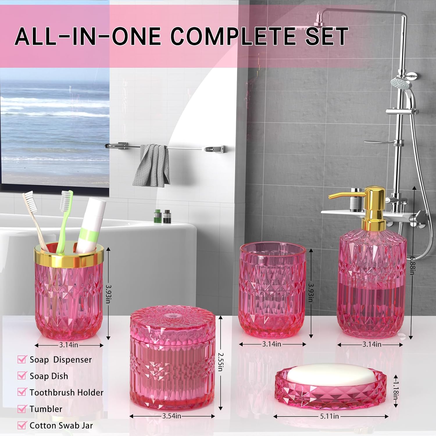 Hot-Pink Glass Bathroom Accessories Set 5 Pcs, Hot-Pink Bathroom Set, Soap Dispenser and Toothbrush Holder Set, Qtip Holder Set, Vintage Bathroom Sink Set, Cute Bathroom Decor