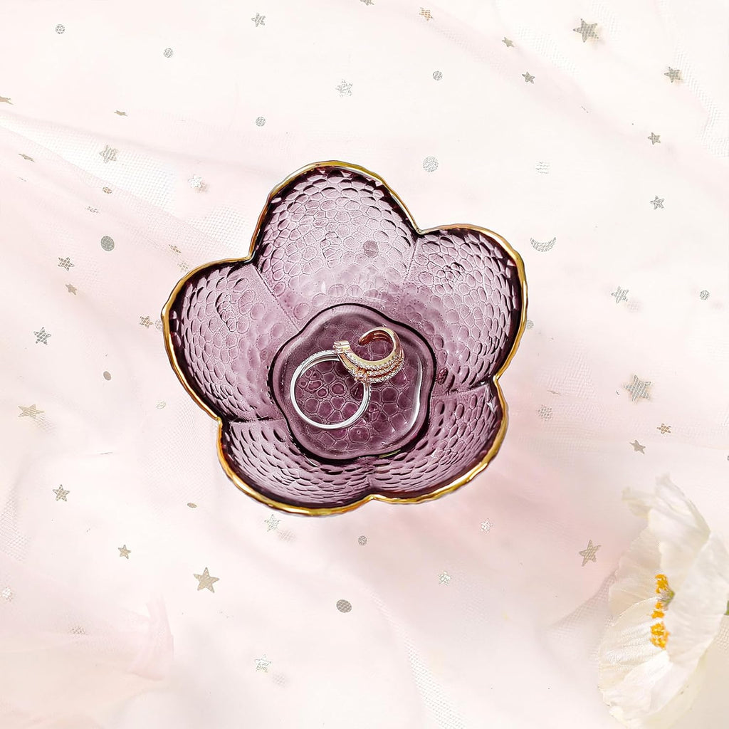 Purple Flower Jewelry Dish Glass Ring Holder Dish Jewelry Tray Cute Vanity Organizer Aesthetic Nightstand Bathroom Room Decor Trinket Dish Mothers Day Friendship Christmas Birthday Gifts for Women