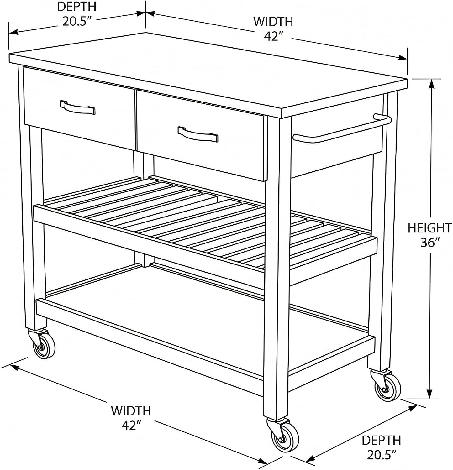 42" W Solid Wood Kitchen Island, Stainless Steel Top | 250 lbs capacity, lockable wheels, 2 utility drawers, wine rack, prep table for small spaces