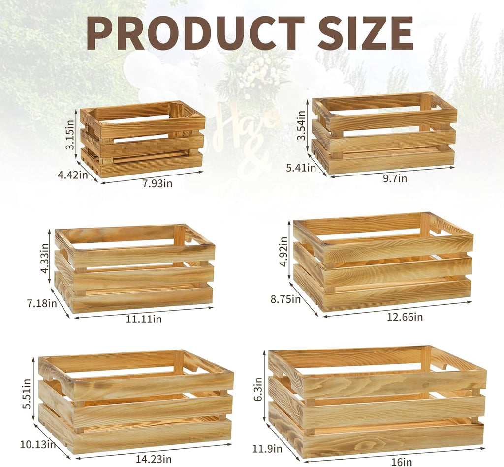 Extra Large 6 Pcs Decorative Wood Crates for Display, Farmhouse Wooden Basket for Storage Container and Decorations, Rustic Nesting Crates Decor Boxes with Handle