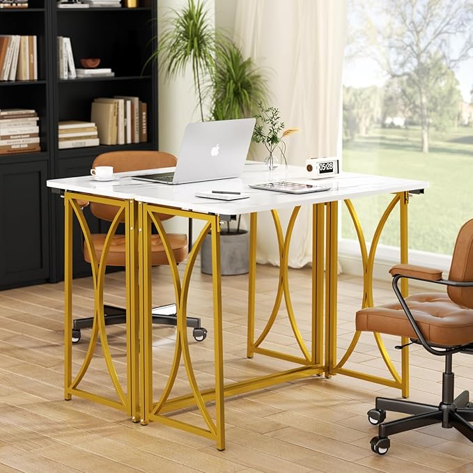 Folding Desk, 31.5" Small for Bedroom, Space Saving Foldable Computer Desk for Home Office, Easy Assembly, White and Gold