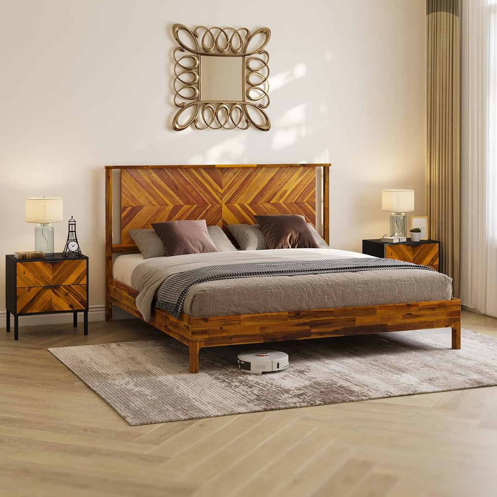 Bme Vivian Nightstand with 2 Drawers, Solid Acacia Wood Bedside Table, Rustic Golden Brown Mid Legacy Modern Night Stand with Storage for Bedroom, Solid Wood End Table with Metal Legs