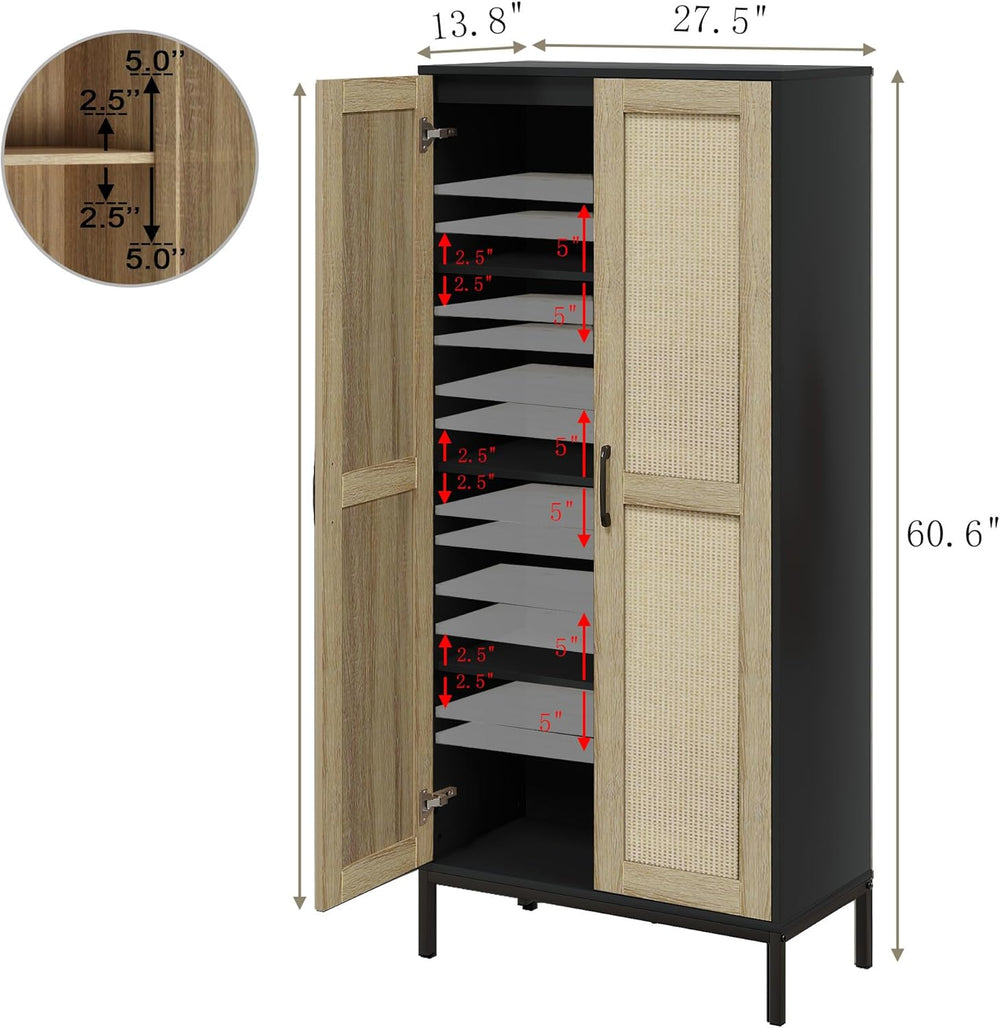 60" Tall Kitchen Pantry with 2 Rattan Doors and 3 Adjustable Shelves,Fre...