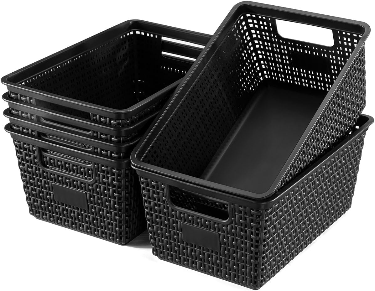 EOENVIVS Set of 6 Baskets For Organizing, Plastic Storage Bins and Small Basket for Organization and Storage Shelves Drawers Desktop Closet Playroom Classroom Office, Black